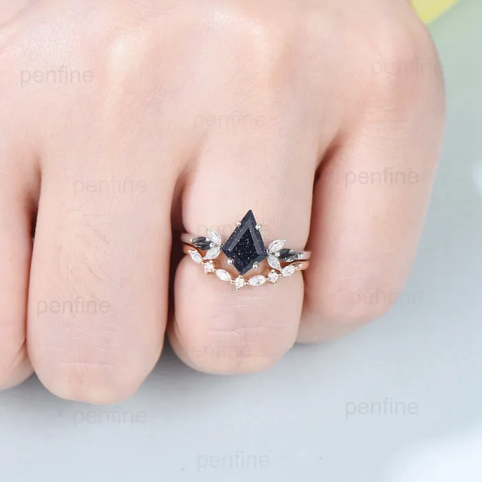 PENFINE Rings Vintage black rutilated quartz engagement ring kite cut white gold seven stone marquise cut wedding ring for women anniversary promise ring PENFINE Rings Vintage black rutilated quartz engagement ring kite cut white gold seven stone marquise cut wedding ring for women anniversary promise ring