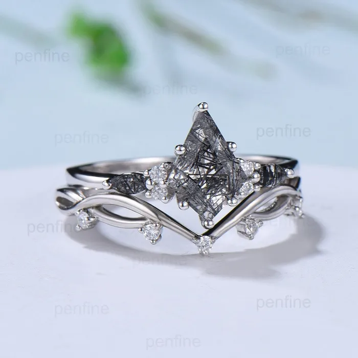 PENFINE Rings Vintage black rutilated quartz engagement ring kite cut white gold seven stone marquise cut wedding ring for women anniversary promise ring PENFINE Rings Vintage black rutilated quartz engagement ring kite cut white gold seven stone marquise cut wedding ring for women anniversary promise ring