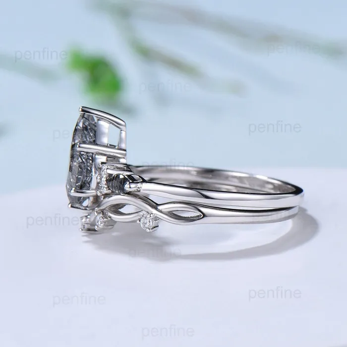 PENFINE Rings Vintage black rutilated quartz engagement ring kite cut white gold seven stone marquise cut wedding ring for women anniversary promise ring PENFINE Rings Vintage black rutilated quartz engagement ring kite cut white gold seven stone marquise cut wedding ring for women anniversary promise ring