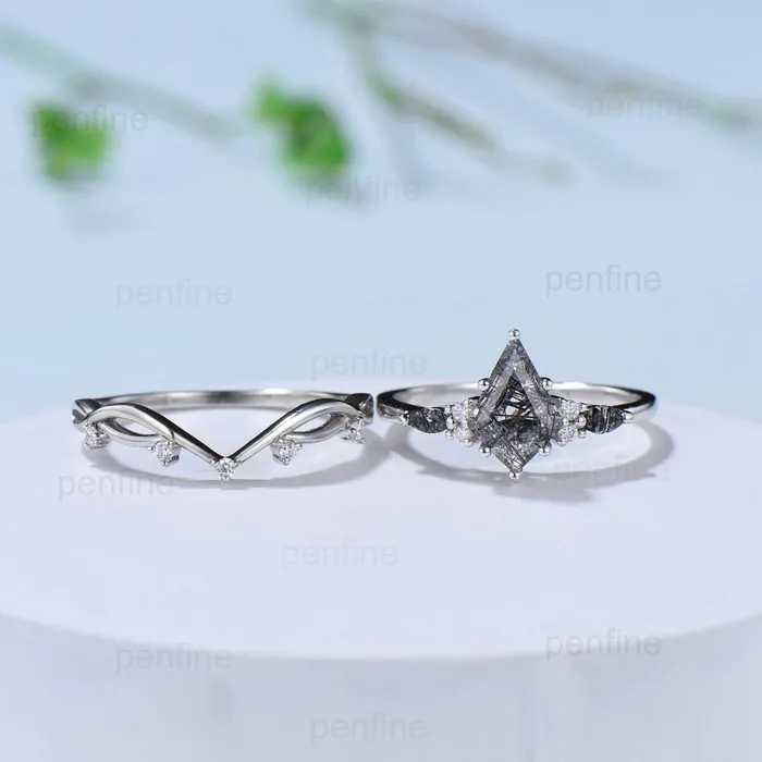 PENFINE Rings Vintage black rutilated quartz engagement ring kite cut white gold seven stone marquise cut wedding ring for women anniversary promise ring PENFINE Rings Vintage black rutilated quartz engagement ring kite cut white gold seven stone marquise cut wedding ring for women anniversary promise ring