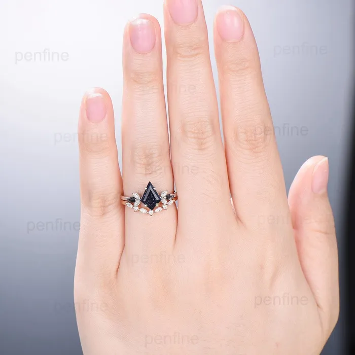 PENFINE Rings Vintage black rutilated quartz engagement ring kite cut white gold seven stone marquise cut wedding ring for women anniversary promise ring PENFINE Rings Vintage black rutilated quartz engagement ring kite cut white gold seven stone marquise cut wedding ring for women anniversary promise ring