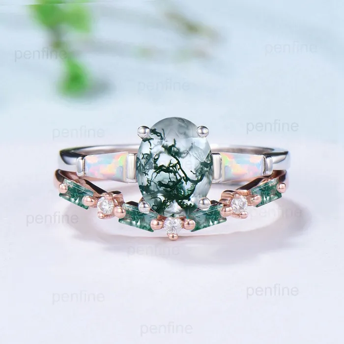 Rings PENFINE Vintage oval moss agate engagement ring set Unique rose gold opal wedding set baguette green agate stacking ring bridal promise gift for her