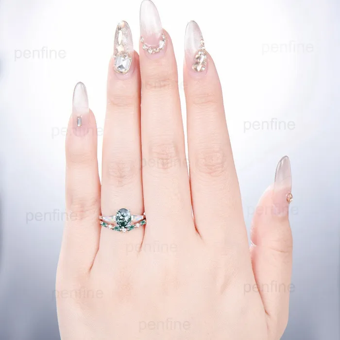 Rings PENFINE Vintage oval moss agate engagement ring set Unique rose gold opal wedding set baguette green agate stacking ring bridal promise gift for her Rings PENFINE Vintage oval moss agate engagement ring set Unique rose gold opal wedding set baguette green agate stacking ring bridal promise gift for her