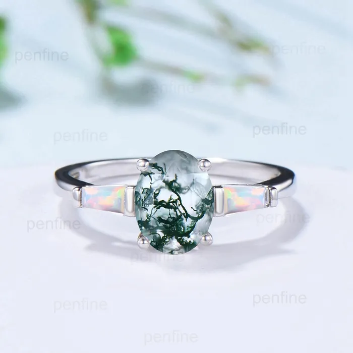 Rings PENFINE Vintage oval moss agate engagement ring set Unique rose gold opal wedding set baguette green agate stacking ring bridal promise gift for her Rings PENFINE Vintage oval moss agate engagement ring set Unique rose gold opal wedding set baguette green agate stacking ring bridal promise gift for her