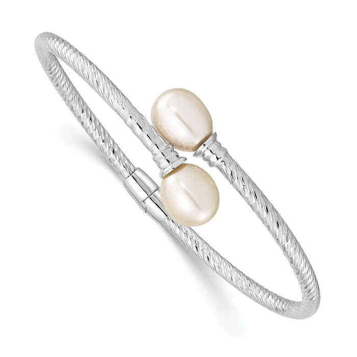 Rings WB Choice Jewelry Sterling Silver Rhpl 89mm White Rice FWC Pearl Hinged BangleWBCQH5645