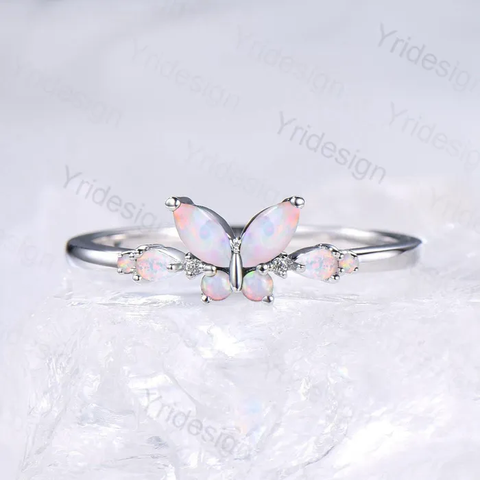Unique Butterfly Marquise White Opal Engagement Ring Vintage Pear Fire Opal Wedding Ring Silver Anniversary Ring October Birthstone Gift PENFINE Rings