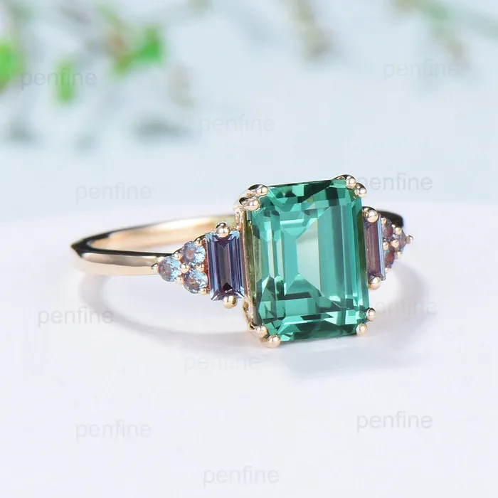 Unique Emerald Cut Green Sapphire Ring 8 Prongs Cluster Baguette Alexandrite Engagement Ring Vintage Green Crystal Wedding Ring for Women PENFINE Rings Unique Emerald Cut Green Sapphire Ring 8 Prongs Cluster Baguette Alexandrite Engagement Ring Vintage Green Crystal Wedding Ring for Women PENFINE Rings