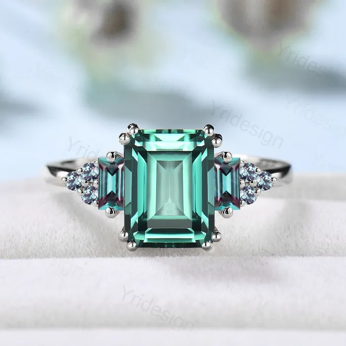 Unique Emerald Cut Green Sapphire Ring 8 Prongs Cluster Baguette Alexandrite Engagement Ring Vintage Green Crystal Wedding Ring for Women PENFINE Rings Unique Emerald Cut Green Sapphire Ring 8 Prongs Cluster Baguette Alexandrite Engagement Ring Vintage Green Crystal Wedding Ring for Women PENFINE Rings