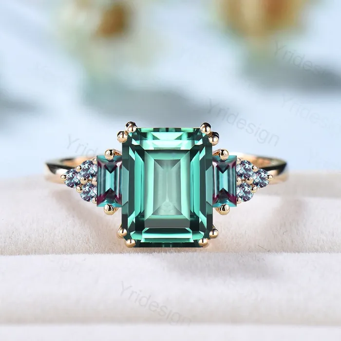 Unique Emerald Cut Green Sapphire Ring 8 Prongs Cluster Baguette Alexandrite Engagement Ring Vintage Green Crystal Wedding Ring for Women PENFINE Rings Unique Emerald Cut Green Sapphire Ring 8 Prongs Cluster Baguette Alexandrite Engagement Ring Vintage Green Crystal Wedding Ring for Women PENFINE Rings