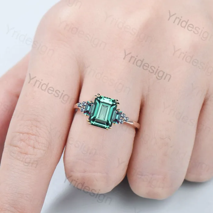 Unique Emerald Cut Green Sapphire Ring 8 Prongs Cluster Baguette Alexandrite Engagement Ring Vintage Green Crystal Wedding Ring for Women PENFINE Rings Unique Emerald Cut Green Sapphire Ring 8 Prongs Cluster Baguette Alexandrite Engagement Ring Vintage Green Crystal Wedding Ring for Women PENFINE Rings