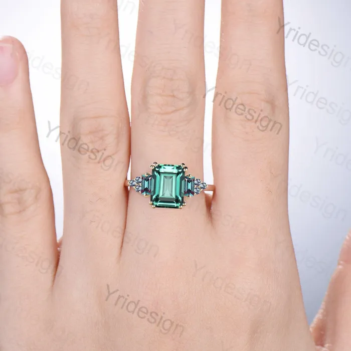 Unique Emerald Cut Green Sapphire Ring 8 Prongs Cluster Baguette Alexandrite Engagement Ring Vintage Green Crystal Wedding Ring for Women PENFINE Rings Unique Emerald Cut Green Sapphire Ring 8 Prongs Cluster Baguette Alexandrite Engagement Ring Vintage Green Crystal Wedding Ring for Women PENFINE Rings