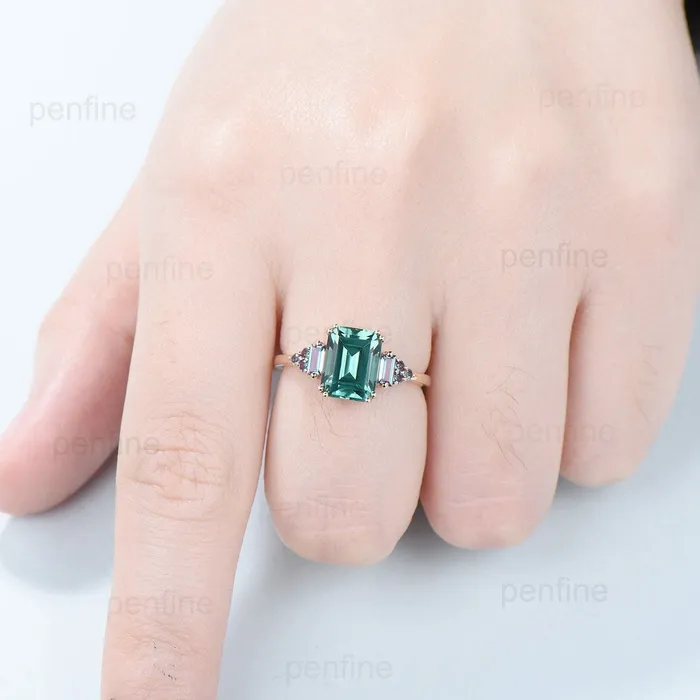 Unique Emerald Cut Green Sapphire Ring 8 Prongs Cluster Baguette Alexandrite Engagement Ring Vintage Green Crystal Wedding Ring for Women PENFINE Rings Unique Emerald Cut Green Sapphire Ring 8 Prongs Cluster Baguette Alexandrite Engagement Ring Vintage Green Crystal Wedding Ring for Women PENFINE Rings