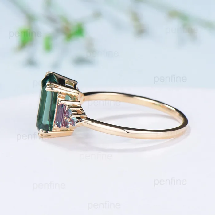 Unique Emerald Cut Green Sapphire Ring 8 Prongs Cluster Baguette Alexandrite Engagement Ring Vintage Green Crystal Wedding Ring for Women PENFINE Rings Unique Emerald Cut Green Sapphire Ring 8 Prongs Cluster Baguette Alexandrite Engagement Ring Vintage Green Crystal Wedding Ring for Women PENFINE Rings