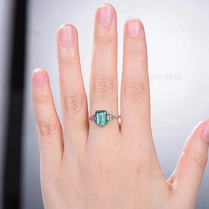 Unique Emerald Cut Green Sapphire Ring 8 Prongs Cluster Baguette Alexandrite Engagement Ring Vintage Green Crystal Wedding Ring for Women PENFINE Rings Unique Emerald Cut Green Sapphire Ring 8 Prongs Cluster Baguette Alexandrite Engagement Ring Vintage Green Crystal Wedding Ring for Women PENFINE Rings