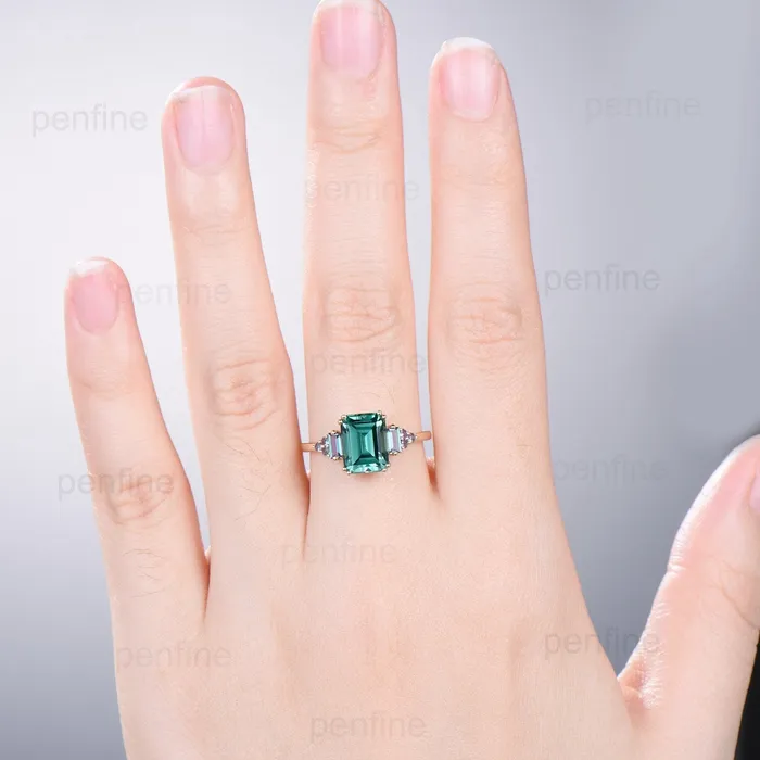 Unique Emerald Cut Green Sapphire Ring 8 Prongs Cluster Baguette Alexandrite Engagement Ring Vintage Green Crystal Wedding Ring for Women PENFINE Rings Unique Emerald Cut Green Sapphire Ring 8 Prongs Cluster Baguette Alexandrite Engagement Ring Vintage Green Crystal Wedding Ring for Women PENFINE Rings