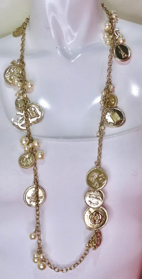 Vintage by Misty Necklaces Chanel 100th Anniversary Gold Coin Pearl Long Necklace