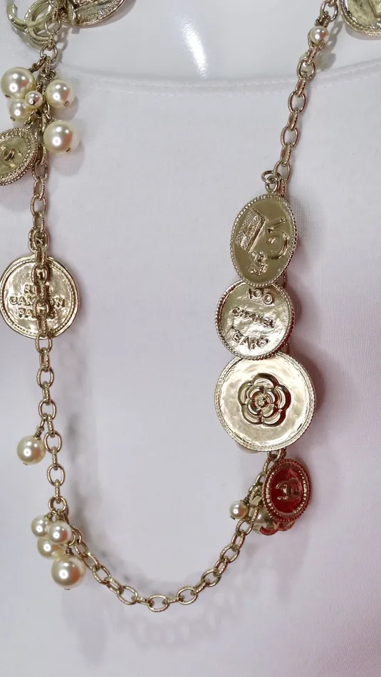 Vintage by Misty Necklaces Chanel 100th Anniversary Gold Coin Pearl Long Necklace