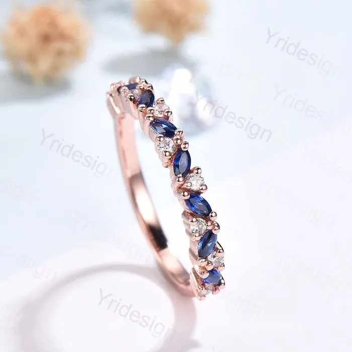 Vintage Sapphire Wedding band women rose gold marquise cut wedding band Matching Stacking half eternity Promise Simple Anniversary ring PENFINE Rings