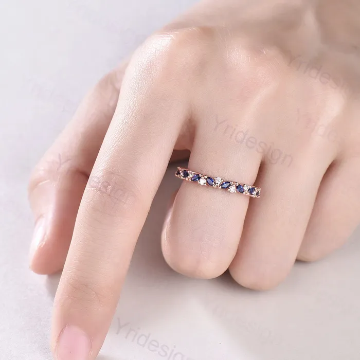Vintage Sapphire Wedding band women rose gold marquise cut wedding band Matching Stacking half eternity Promise Simple Anniversary ring PENFINE Rings