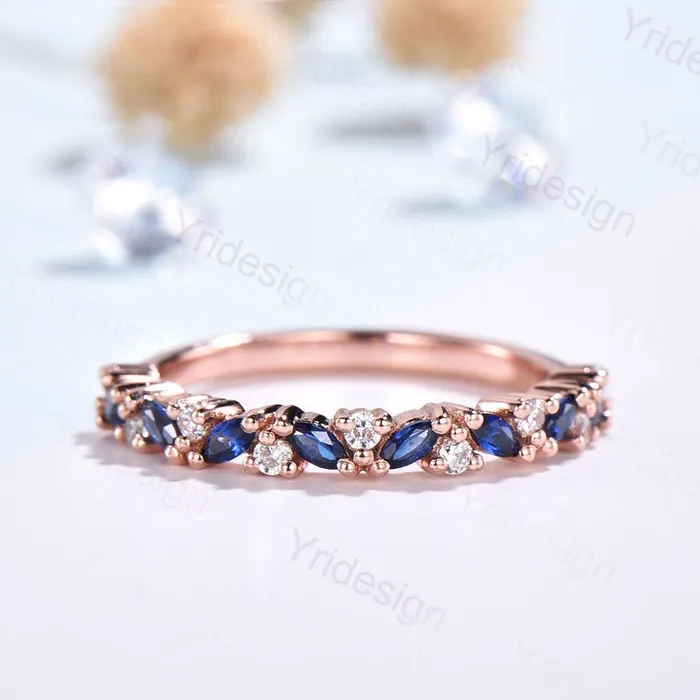 Vintage Sapphire Wedding band women rose gold marquise cut wedding band Matching Stacking half eternity Promise Simple Anniversary ring PENFINE Rings