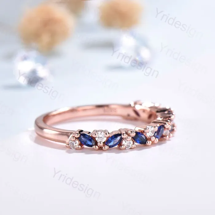 Vintage Sapphire Wedding band women rose gold marquise cut wedding band Matching Stacking half eternity Promise Simple Anniversary ring PENFINE Rings
