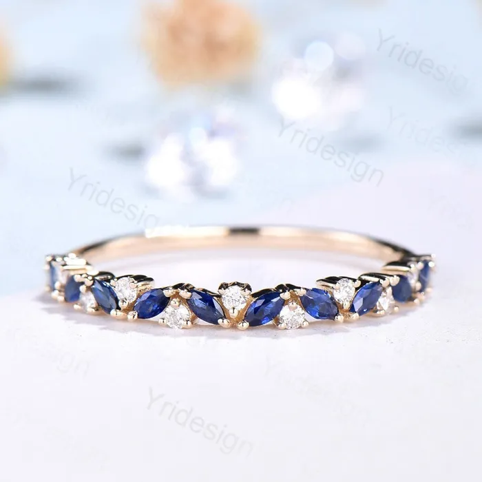 Vintage Sapphire Wedding band women rose gold marquise cut wedding band Matching Stacking half eternity Promise Simple Anniversary ring PENFINE Rings