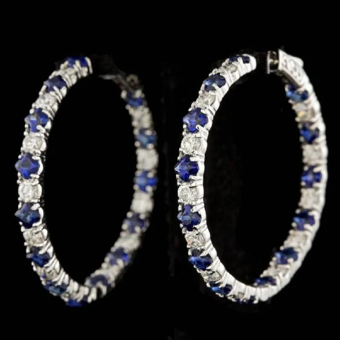 LA Earrings Diamond and Blue Sapphire Hoop Earrings in 14K White Gold Made in the USA