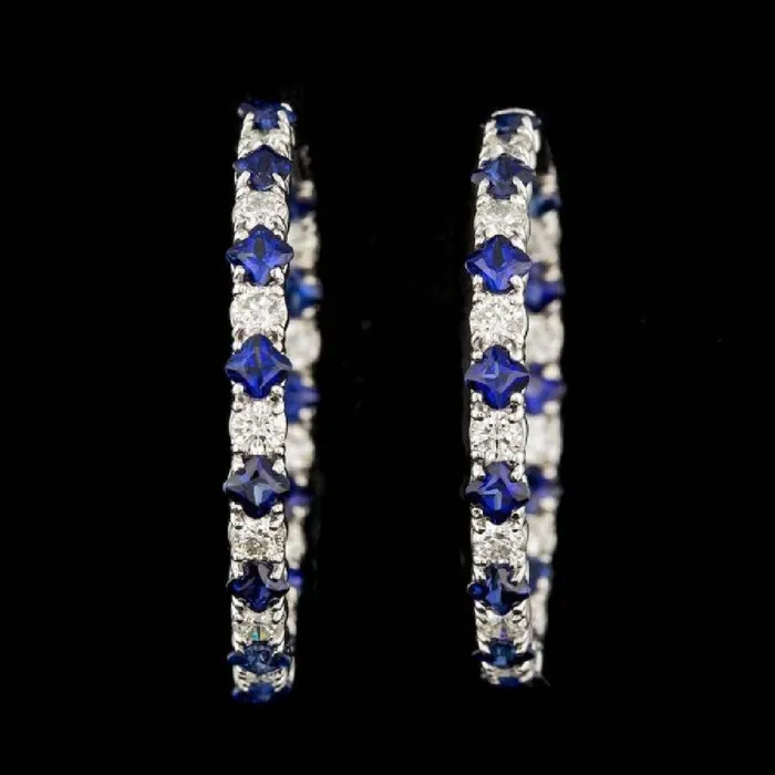 LA Earrings Diamond and Blue Sapphire Hoop Earrings in 14K White Gold Made in the USA