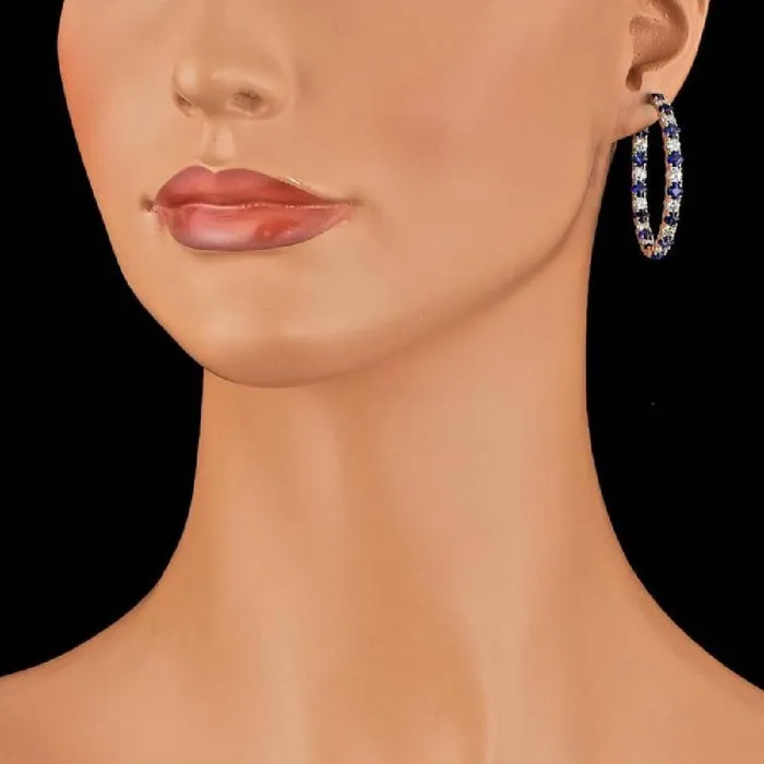 LA Earrings Diamond and Blue Sapphire Hoop Earrings in 14K White Gold Made in the USA