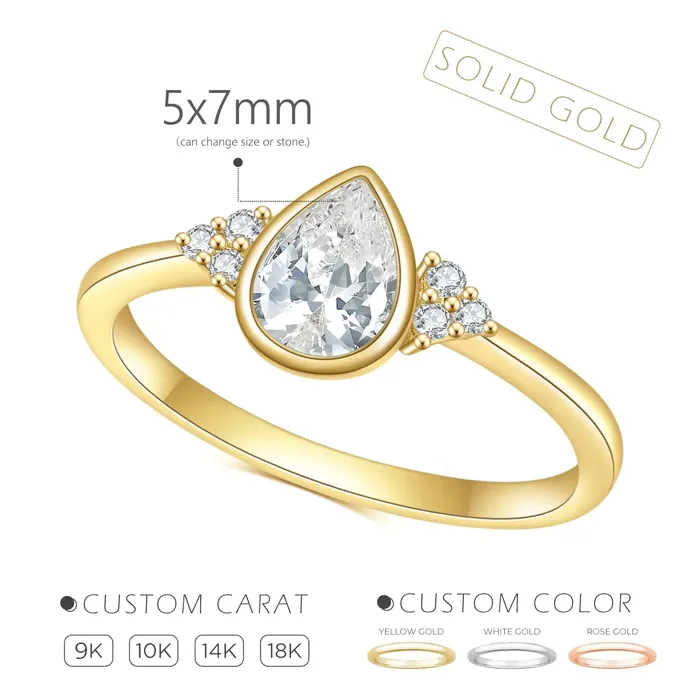 Rings AlibabaAbiding Teardrop with Sidestones Moissanite Bezel Set Ring 14K Gold 1ct Center Stone