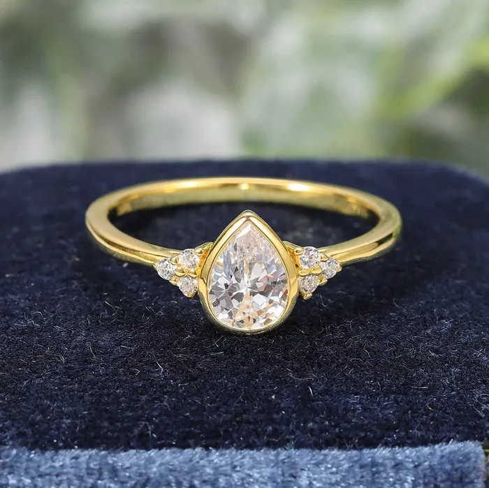 Rings AlibabaAbiding Teardrop with Sidestones Moissanite Bezel Set Ring 14K Gold 1ct Center Stone