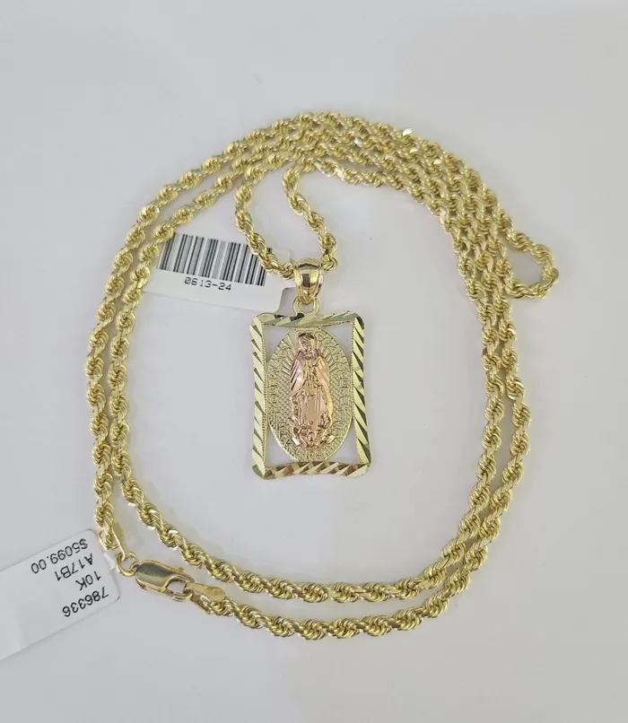 10k Solid Rope Chain 3mm Virgin Mary Pendant Charm Necklace SET 1828 in Gold and Diamond Necklaces