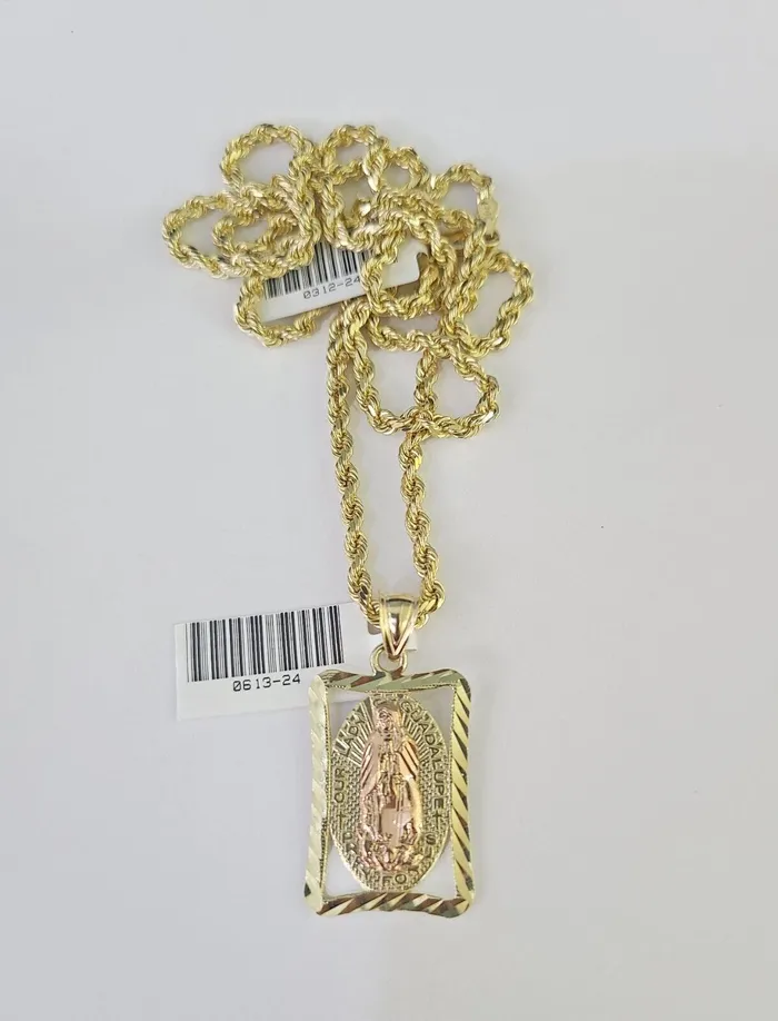 10k Solid Rope Chain 3mm Virgin Mary Pendant Charm Necklace SET 1828 in Gold and Diamond Necklaces