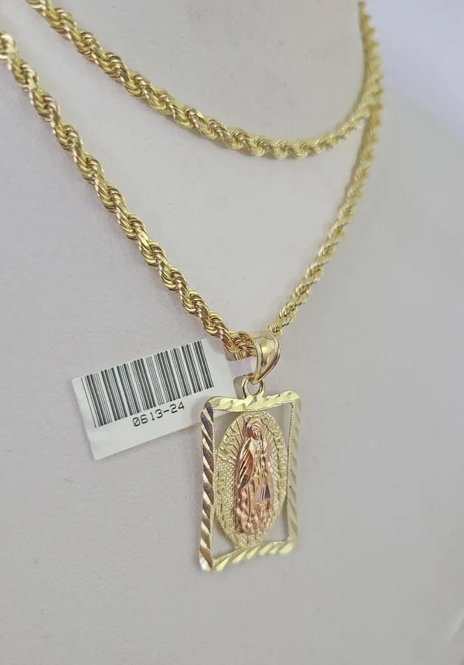 10k Solid Rope Chain 3mm Virgin Mary Pendant Charm Necklace SET 1828 in Gold and Diamond Necklaces