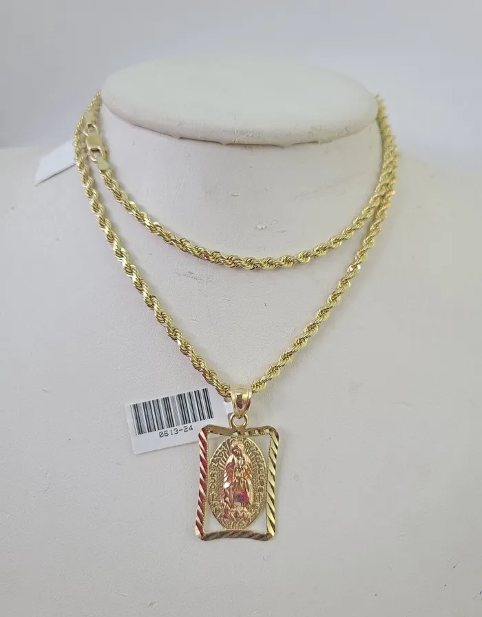 10k Solid Rope Chain 3mm Virgin Mary Pendant Charm Necklace SET 1828 in Gold and Diamond Necklaces