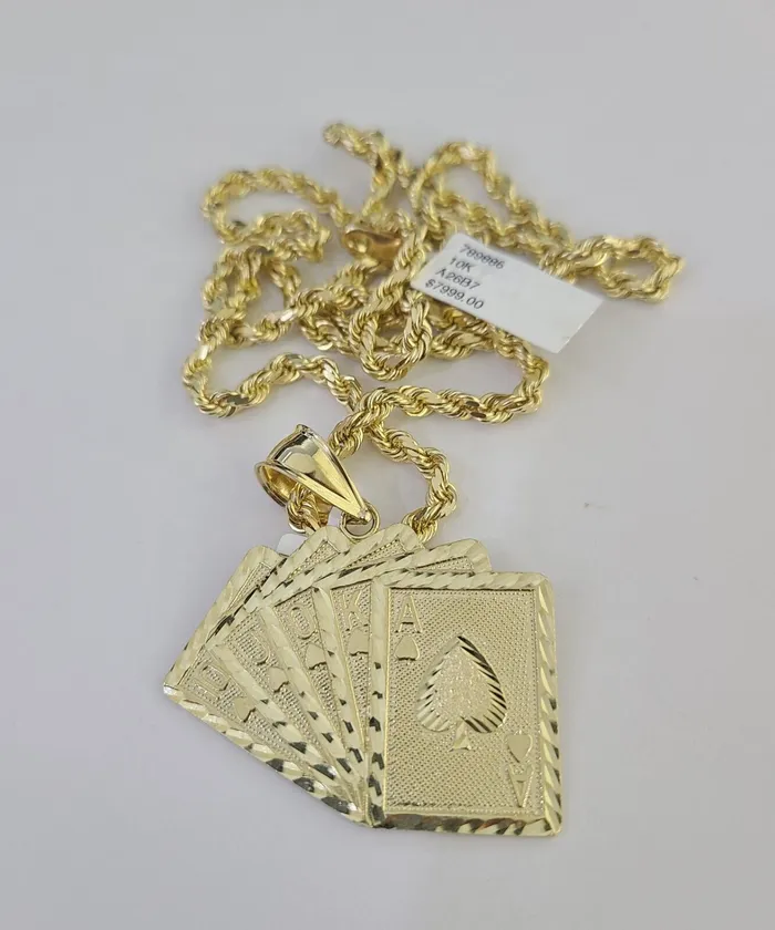 10k Solid Rope Chain Royal Flush Cards Charm Set 4mm 2028 Necklace Gold globalwatches10 Necklaces