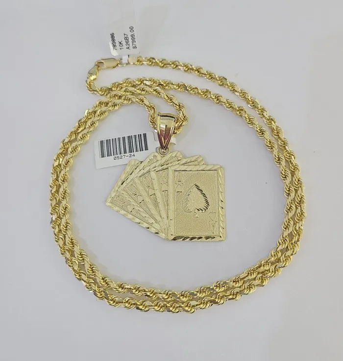 10k Solid Rope Chain Royal Flush Cards Charm Set 4mm 2028 Necklace Gold globalwatches10 Necklaces