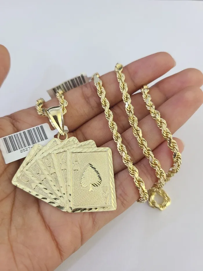 10k Solid Rope Chain Royal Flush Cards Charm Set 4mm 2028 Necklace Gold globalwatches10 Necklaces