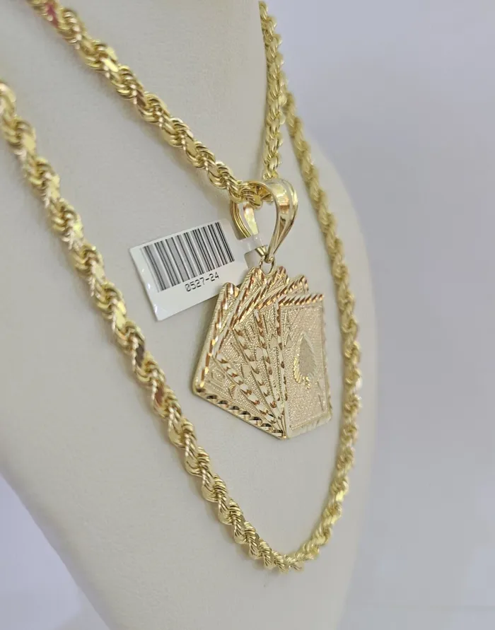 10k Solid Rope Chain Royal Flush Cards Charm Set 4mm 2028 Necklace Gold globalwatches10 Necklaces