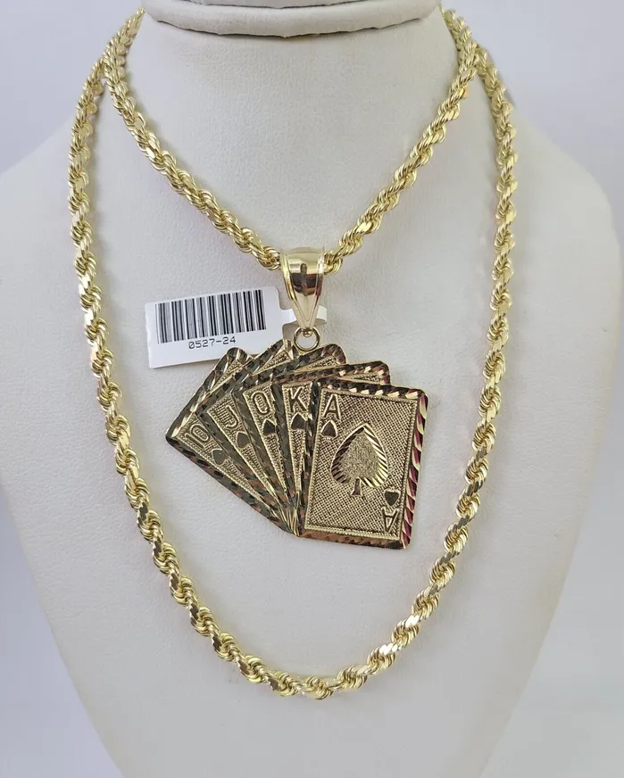 10k Solid Rope Chain Royal Flush Cards Charm Set 4mm 2028 Necklace Gold globalwatches10 Necklaces