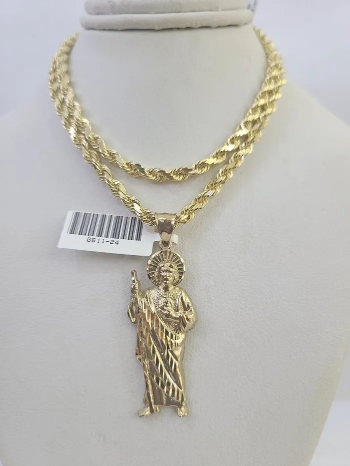 10k Solid Rope Chain Saint Jude Charm Set 4mm 1830 Necklace Gold Pendant Gold and Diamond Necklaces