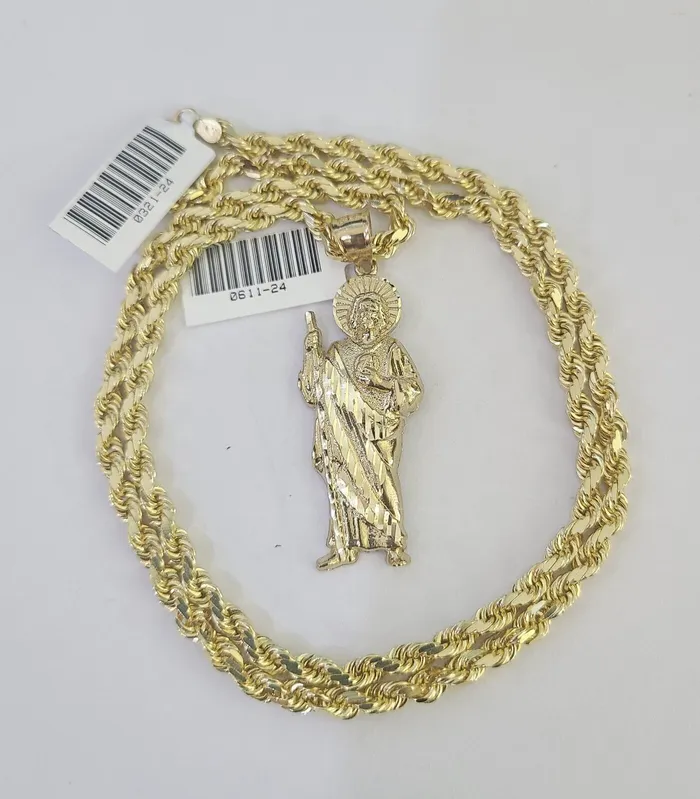 10k Solid Rope Chain Saint Jude Charm Set 4mm 1830 Necklace Gold Pendant Gold and Diamond Necklaces