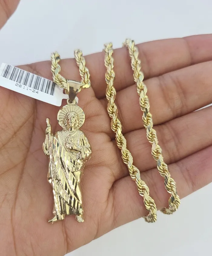 10k Solid Rope Chain Saint Jude Charm Set 4mm 1830 Necklace Gold Pendant Gold and Diamond Necklaces