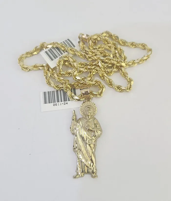 10k Solid Rope Chain Saint Jude Charm Set 4mm 1830 Necklace Gold Pendant Gold and Diamond Necklaces