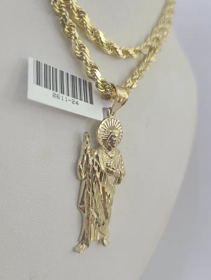 10k Solid Rope Chain Saint Jude Charm Set 4mm 1830 Necklace Gold Pendant Gold and Diamond Necklaces