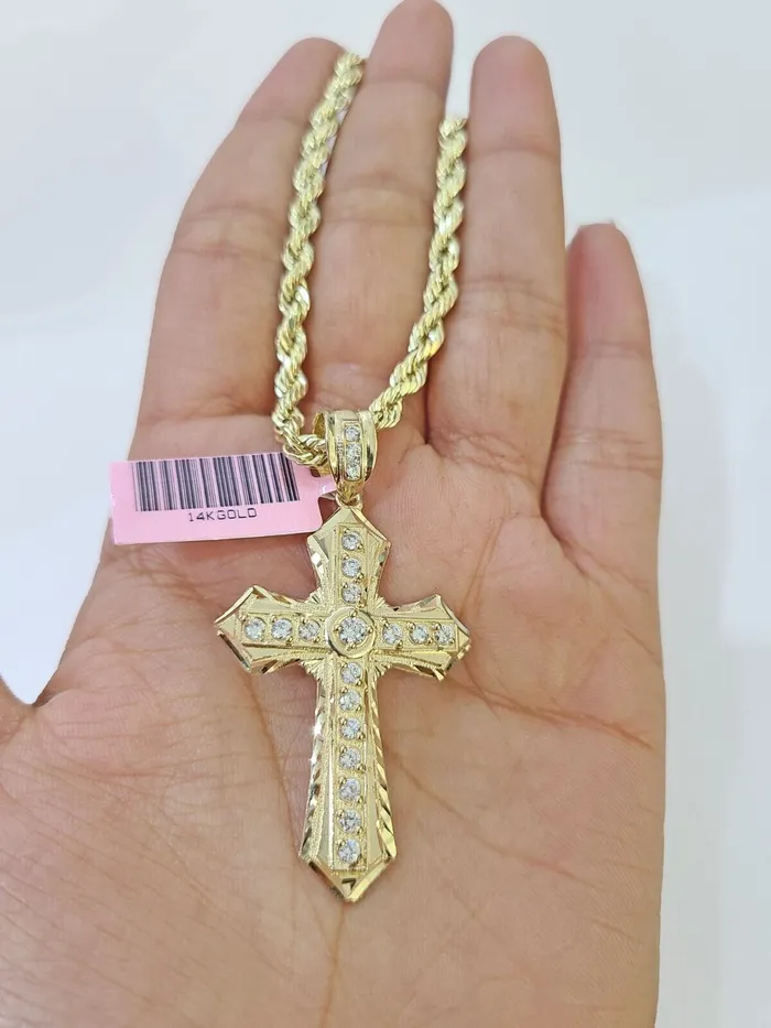 14k Yellow Gold Rope Chain CZ Cross Charm SET 5mm 22 Inch Necklace REAL GlobalWatches10 Necklaces