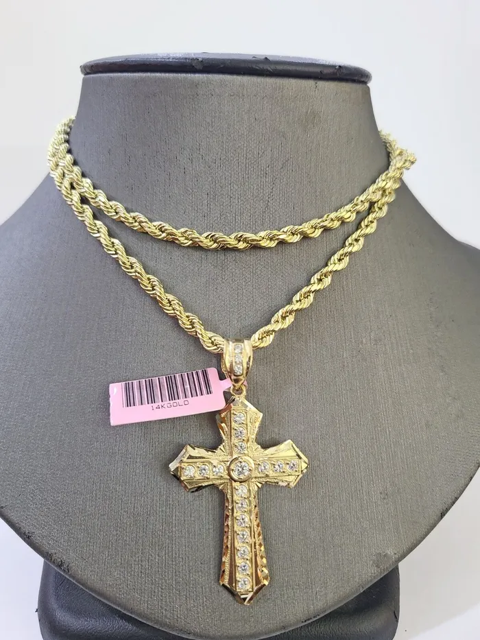 14k Yellow Gold Rope Chain CZ Cross Charm SET 5mm 22 Inch Necklace REAL GlobalWatches10 Necklaces