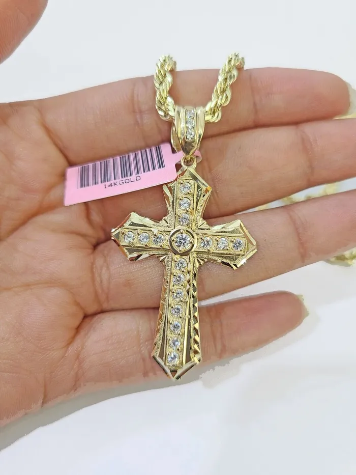 14k Yellow Gold Rope Chain CZ Cross Charm SET 5mm 22 Inch Necklace REAL GlobalWatches10 Necklaces