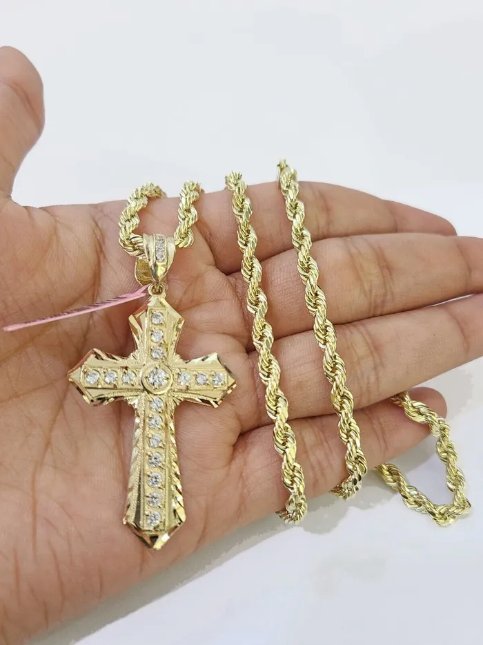 14k Yellow Gold Rope Chain CZ Cross Charm SET 5mm 22 Inch Necklace REAL GlobalWatches10 Necklaces