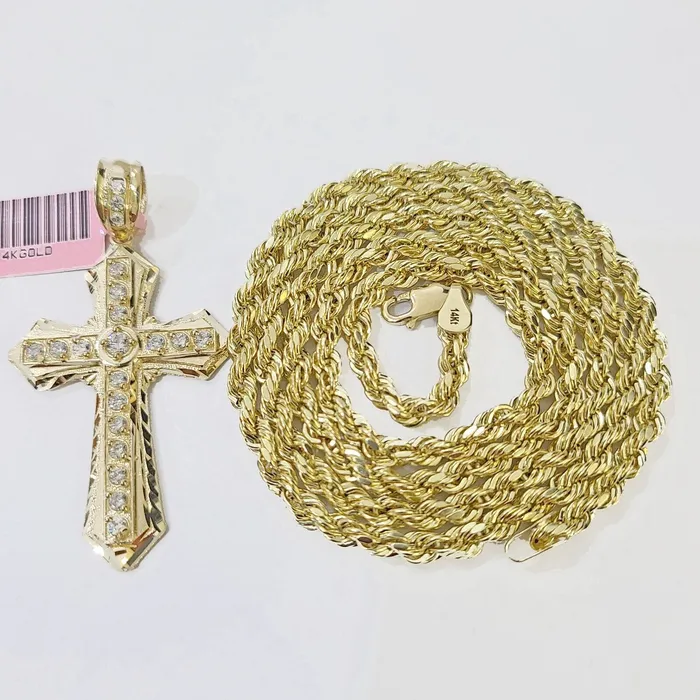 14k Yellow Gold Rope Chain CZ Cross Charm SET 5mm 22 Inch Necklace REAL GlobalWatches10 Necklaces